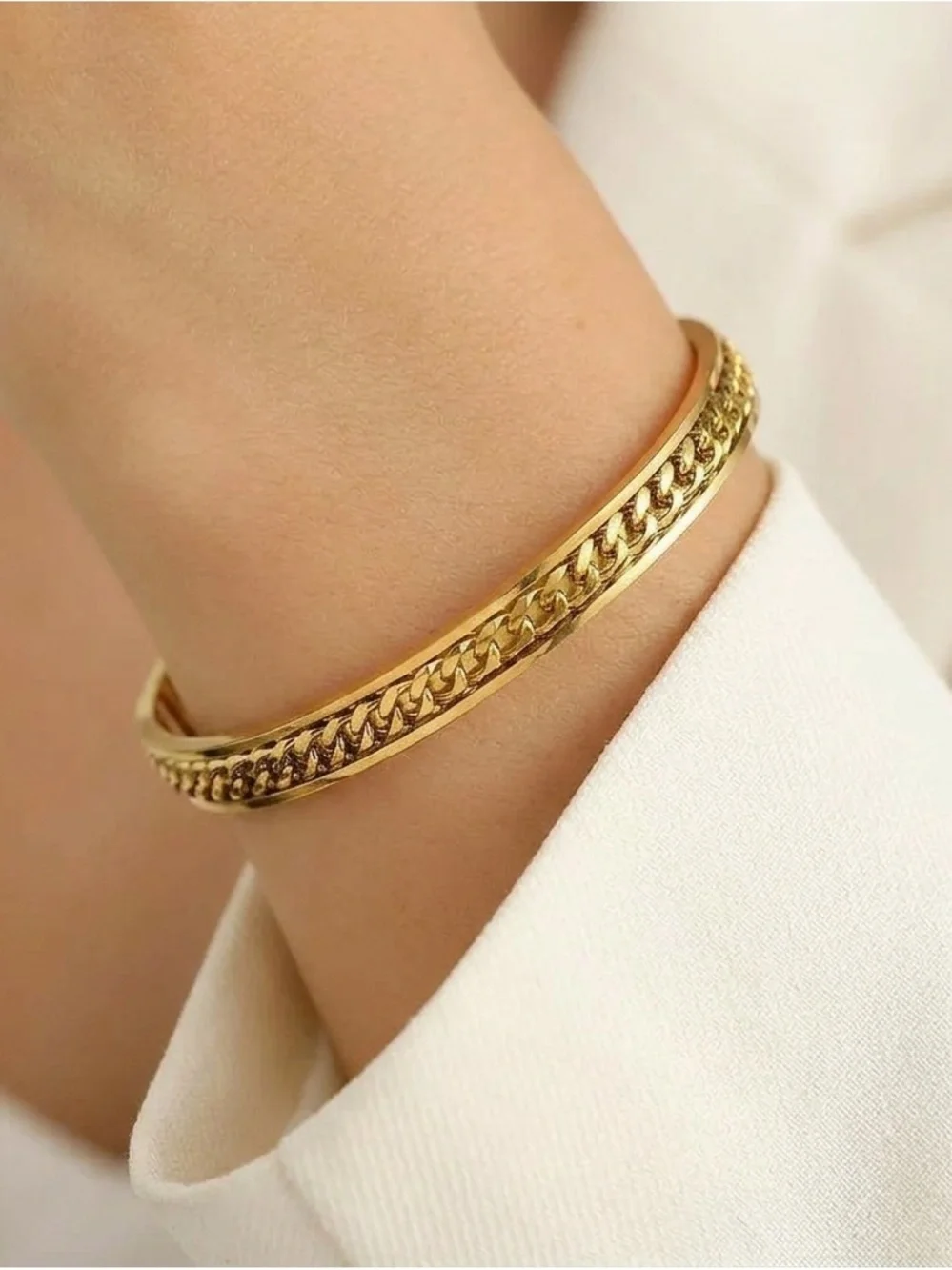 14K Gold Plated Cuff Bracelet with Cuban Link Detail | Minimalist Gold Bangle